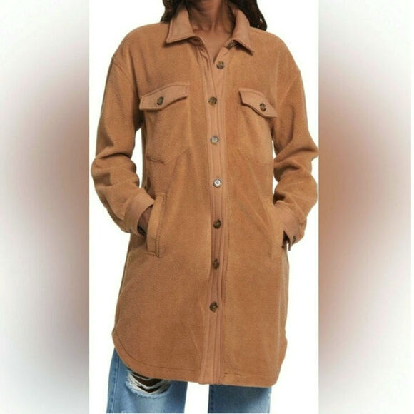 BlankNYC Fleece Shacket Camel Tan Button Down Long Jacket Size S Oversized - Picture 12 of 16